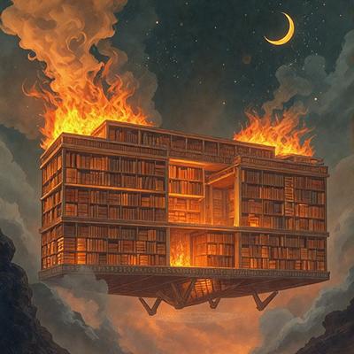 Primary subject: A large, multi-storied building with a fire burning inside.

Setting/background: The building is floating in the air, surrounded by a cloudy sky.

Visual style: The image is a digital art or illustration.

Colors and mood: The dominant colors are orange and red, creating a dramatic and intense atmosphere.
